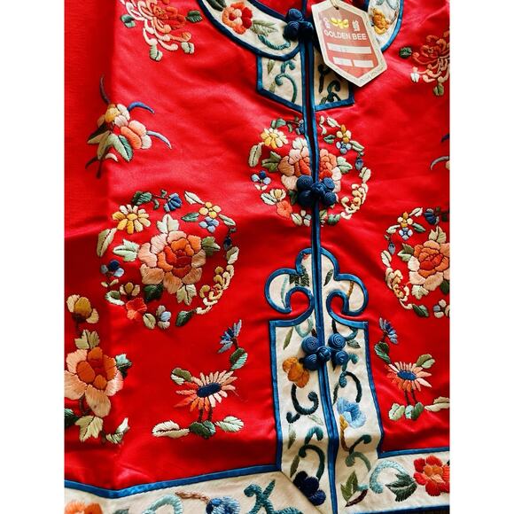 Vintage Set 60s Red Embroidered Silk Kimono Pants Jacket Child Sz 2 Golden Bee - Picture 3 of 7